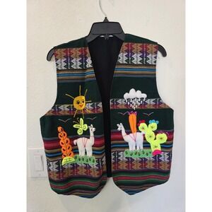 VTG Handmade Peruvian Style Vest 3D Folk Art Applique Puff‎ Llama Stripe Sz L